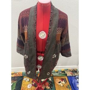 Soft Surroundings Wool Embroidered Boho Cardigan Jacket Womens M Open Front